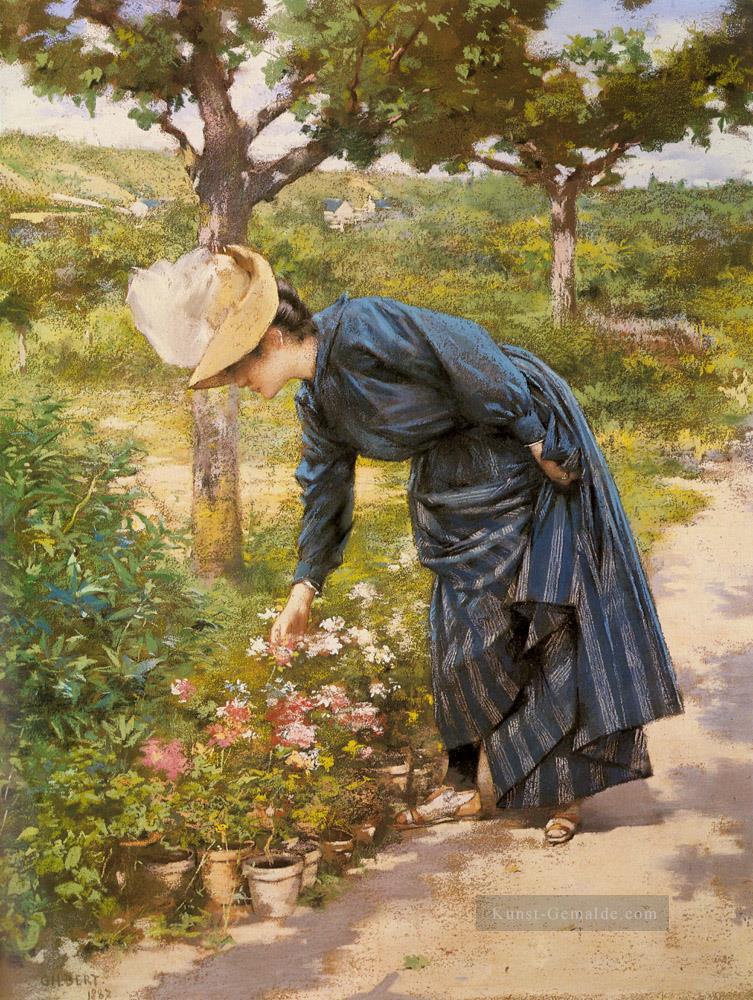 Lady in einem Garten genre Victor Gabriel Gilbert Ölgemälde